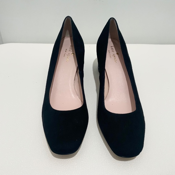 KATE SPADE Anastasia Block Heel Pump Black Suede Leather Dress Shoe Glitter Heel - Picture 3 of 9
